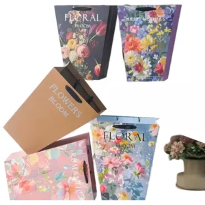 Recycled Art Paper Trapezoidal Bag with Ribbon Handle for Flower Arrangement Gift Packaging