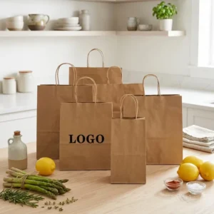 Recycled Brown Kraft Paper Shopping Bag, Custom Printed Logo, Food Takeaway Packaging