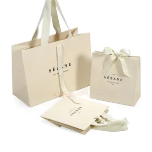 Recycled Cream Beige Kraft Paper Shopping Bag with Ribbon Handle Bow, Gift Packaging, Custom Printing