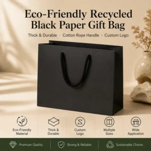Recycled Kraft Paper Gift Bag, Black, Cotton Rope Handle, Custom Logo, Multiple Sizes