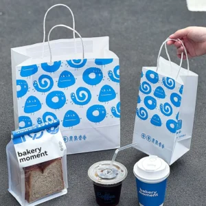 Recycled Kraft Paper Tote Bags for Bakery Takeaway and Gift Packaging, Custom Printed Logo