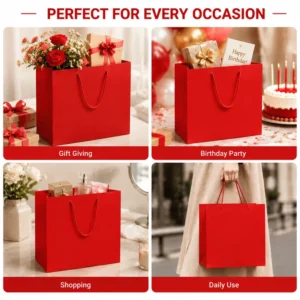 Red Paper Gift Bag with Rope Handle for Wedding Party and Retail Packaging, Custom Logo Available