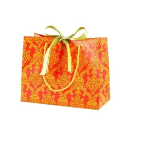 Red Paper Gift Bags with Gold Foil Vintage Pattern Offset Printing Customizable Colors Two-Tone Satin Bow