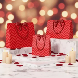 Red Paper Gift Bags with Ribbon and Custom Logo for Valentine’s Day and Wedding Gifts