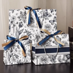 Reusable Black Kraft Paper Gift Bags with Custom Print and Ribbon Handles for Wedding and Flower Packaging