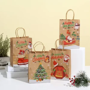 Reusable Christmas Kraft Paper Gift Bag with Foldable Handles