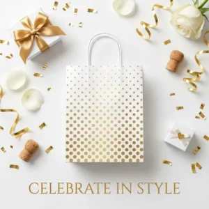 Reusable White Kraft Paper Gift Bags with Gold Foil Dots and Handles for Bridal, Birthday, and Events