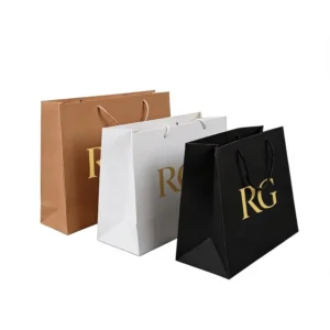 Rope Handle Paper Gift Bags with Gold Foil, Black, White, and Brown, for Apparel and Cosmetics