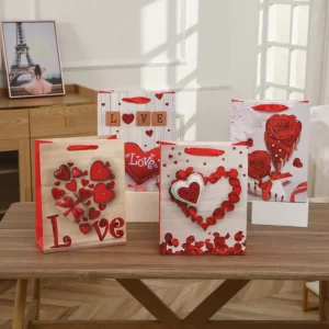 Rose Printed Glitter Gift Paper Bag with Reusable Handles for Valentine’s Day Flower Packaging