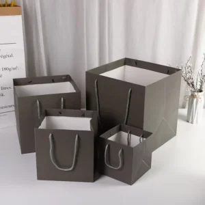 Square Thick Kraft Paper Gift Bag Set with Braided Rope Handles, 4 Sizes, for Flower Retail Packaging