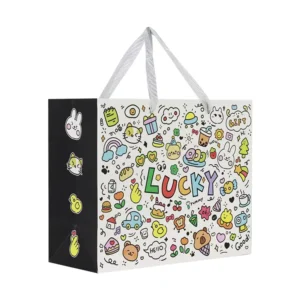 Stylish Recyclable Foldable Shopping Paper Bags for Party Birthday Gifts with Custom White Rope Handles and Letter Design