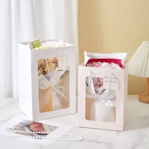 Transparent Window Paper Gift Bags, 90G, Floral, for Holiday and Wedding