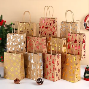UV Printed Elk Design Flat Bottom Kraft Paper Gift Bag, Christmas Snowflake and Tree
