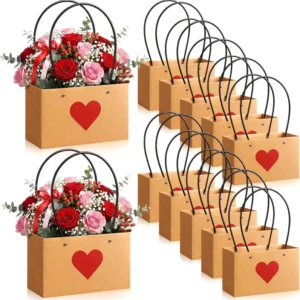 Valentine’s Kraft Paper Flower Gift Bags Brown Rectangle Tote Bags with Handles Waterproof Lining