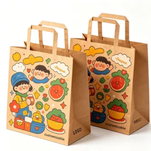 Vintage Cartoon Illustrated White Kraft Shopping Bag with CMYK Print and Twisted Paper Handle for Bookstore Retail