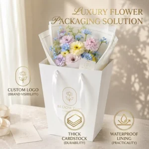 Waterproof Paper Flower Bag with Custom Logo, Thick Cardstock, and Bouquet Carrier for Florists