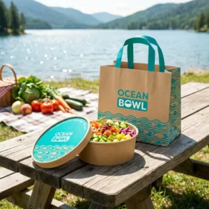 Wave Print Teal Lid Kraft Salad Bowl Kraft Paper Bags with Matching Tote for Poke Bowl Shops and Outdoor Picnics