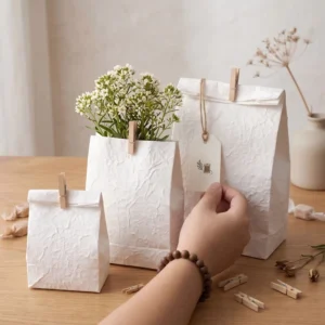 White Biodegradable Recycled Textured Compostable Kraft Paper Standing Bags for Gift Packaging