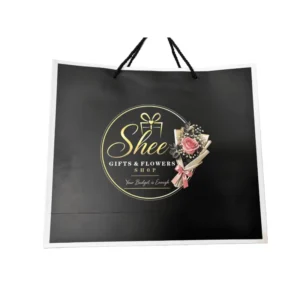 White Card Paper Gift Bag with Custom Printed Logo and Black Rope Handle for Flower Shops and Gift Stores