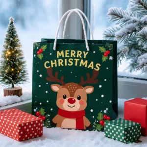 White Cardboard Christmas Paper Bag with Handle and Foil Stamping