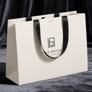 White Cardstock Gift Bags with Ribbon Handles, Custom Logo, High Gloss Laminated
