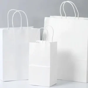 White Kraft Paper Shopping Bag with Ribbon Handle, Recyclable, Custom Logo