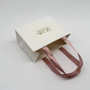 White Paper Gift Bag with Pink Satin Ribbon Handles for Holiday and Birthday Favors