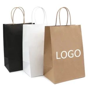 White and Brown Kraft Paper Shopping Bag with Twisted Handles and Printed Logo