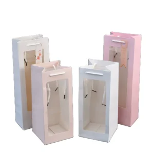 White and Pink Flower Custom Logo Paper Single Wine Bottle Bag with Transparent Window