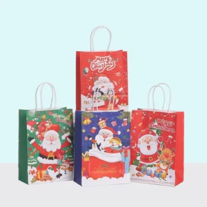 YS Cartoon Christmas themed Brown Kraft Logo Flexo Printed Customizable Fashion Tote Bags for Parties Gift giving & Candle Use