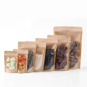 10-Size Clear-Window Kraft Paper Food Bag with Round Corners and Flat Zip Lock for Snacks and Candy