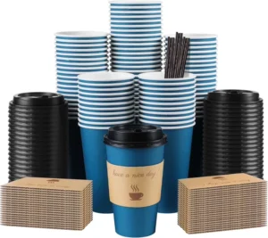 100 Pack 16 oz Disposable Paper Coffee Cups with Lids Sleeves and Stirring Sticks for Hot and Cold Drinks