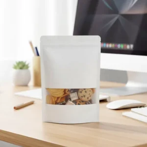 14*20+4cm Waterproof White Kraft Paper Stand-Up Pouch with Zipper and Frosted HD Window for Snacks and Biscuits