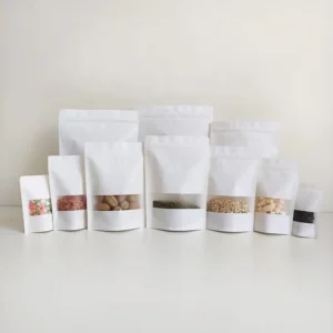 16x26cm 6×10 Inch Resealable White Kraft Paper Bags With Transparent Frosted Window Stand up Pouch