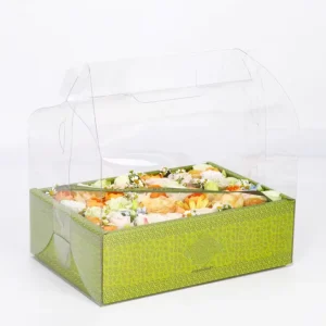 1mm Clear Recyclable Cardboard Rigid Box for Fruit Dessert Cake with Gold Foil Matt Lamination UV Coating Embossing