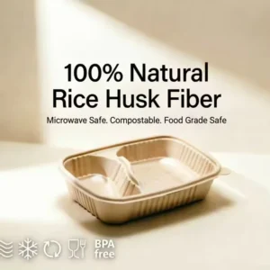 2-Compartment Takeaway Bento Lunch Box Meal Prep Hinged Rice Husk Container PFAS-Free Biodegradable Compostable Microwavable