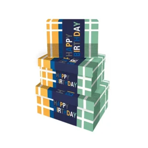 3Pcs Oblong Rigid Boxes with Recycled Paperboard Plaid Design for Birthday Party Gift Packaging