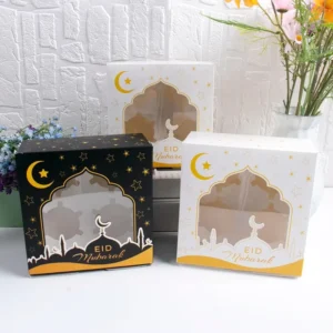 4-Hole Mubarak Clear Window Cupcake Cake Packaging Box for Eid Ramadan Party Cakes