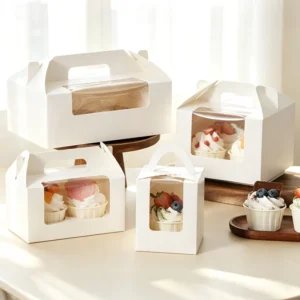4-Pack Window Handheld Rigid Cupcake Boxes with Sponge Lining, Recycled Kraft Paper, Disposable Dessert Takeout Packaging