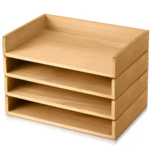 4 Pcs Stackable Paper Tray Wood Desk Organizer Letter Tray Desktop Wooden Desk Shelf Paper Holder Folder Organization