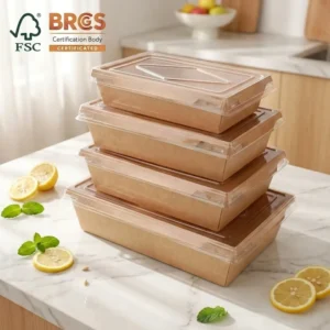 500-2100ml Square Kraft Paper Salad and Sushi Box with PET Lid Oilproof Disposable Takeaway Container