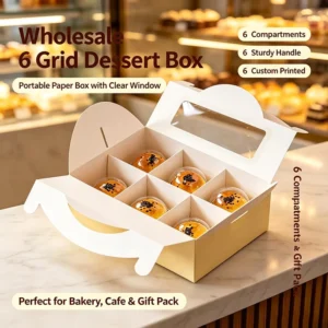 6 Grid Portable Dessert Box Clear Window Handle Custom Print Compartment Paper Bakery Pastry Gift Takeaway Packaging