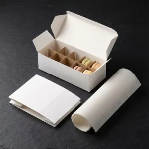 6-Grid White Macaron Box with Dividers, Matching Envelope Sleeve and Greaseproof Paper Roll, Embossed Logo