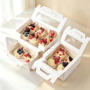 6 Pack Window-Style Hand-Held Cupcake Box UV Coating Recycled Materials Disposable Rigid Boxes for Dessert Take-Out Packaging