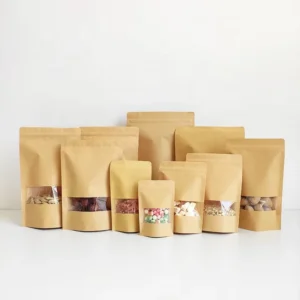 9×14 cm Small Brown Kraft Paper Bag with Clear Window and Zipper for Food Packing