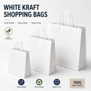 BPA-Free Recyclable White Kraft Paper Stand-Up Bags for Food Delivery and Gifts, Cotton Rope Handle, Custom Sizes