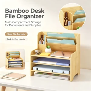 Bamboo Desktop Document Organizer Large Capacity Stationary Storage Shelf for Business Office Filing Work Home Study Desk