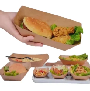 Biodegradable Disposable Boat-Shaped Natural Brown Kraft Paper Tray for Bakery Snacks