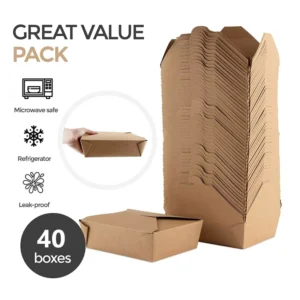 Biodegradable Disposable Microwaveable Brown Kraft Paper Self-Erecting Square Takeout Food Boxes, 30 Pack