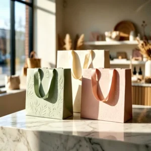 Biodegradable Eco-Friendly Durable Kraft Embossed Botanical Gift Bags with Matte Finish Matching Satin Ribbon Handles